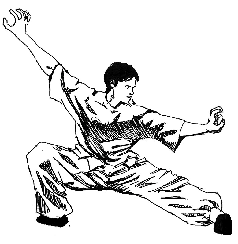  Fantasiezeichnung:  Ein tiefer Stand zur Dehnung der Beine. Es handelt sich um keine speziele Karateposition!